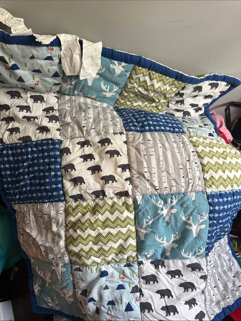 Preloved 3 piece crib bedding -Quilted Patchwork woodland characters